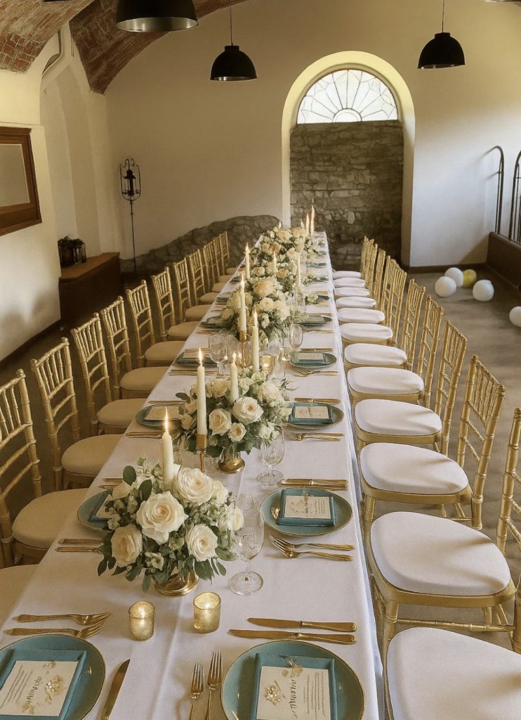 Una lunga tavola elegante nella sala delle feste della Tenuta San Lorenzo, decorata con fiori bianchi e candele